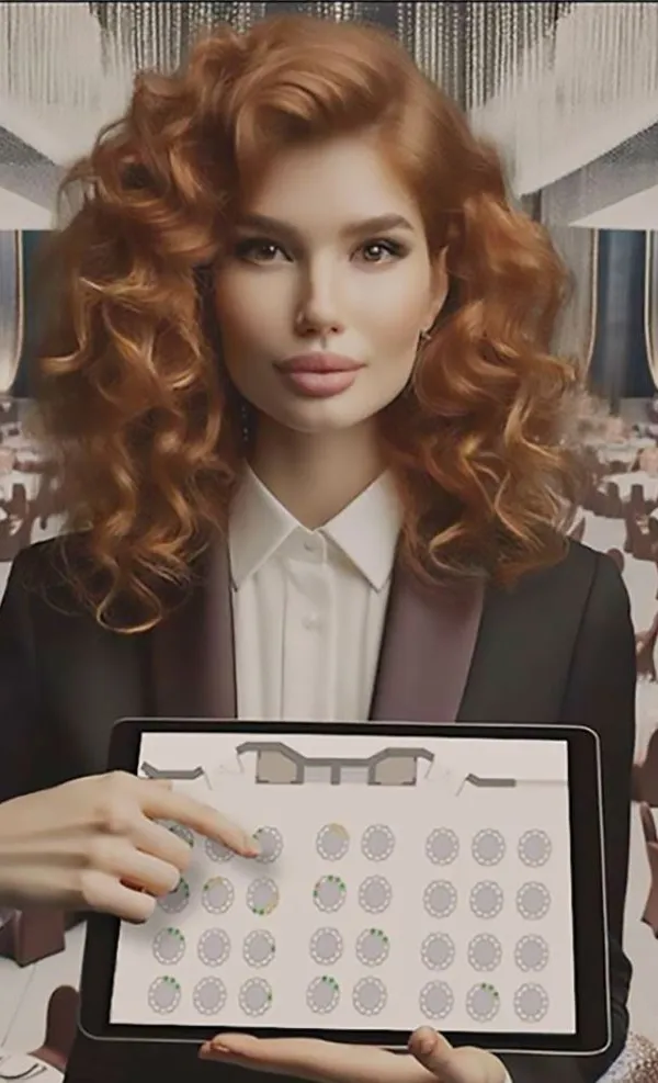 Elegant venue featuring a sophisticated AI-generated hostess showcasing a digital floorplan on a tablet, created using EventReception Event Software. The setting includes neatly organized round tables, soft ambient lighting, and guests engaging with each other.