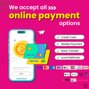 Image promoting various online payment options with a smartphone, credit cards, and a list of accepted methods, including Credit Card, Mobile Payment, Bank Transfer, and Local Methods, on a bright pink background.