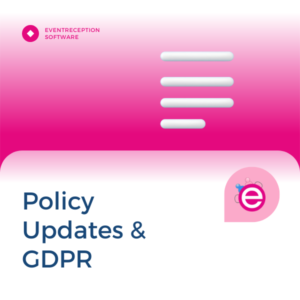 EventReception Software banner with the title 'Policy Updates & GDPR' on a pink and white gradient background with the EventReception logo.