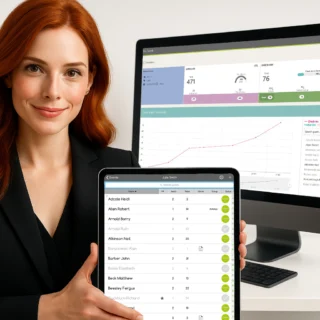 Online reports and analytics for the e-GuestList Check-in app, shown on desktop and tablet.