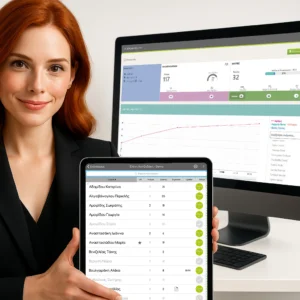 Επαγγελματίας διοργανώτρια εκδηλώσεων κρατά tablet με την εφαρμογή eguestlist check-in app της EventReception.