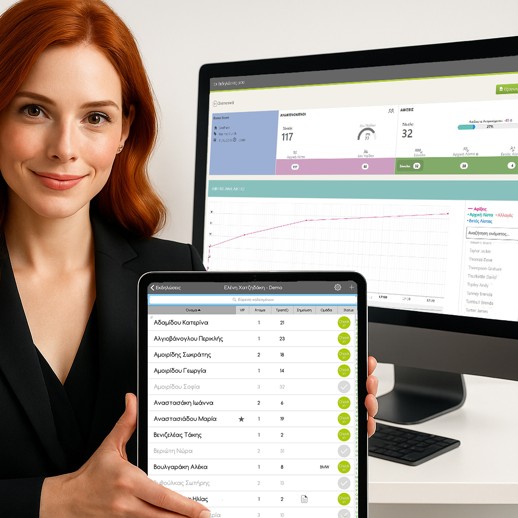 Επαγγελματίας διοργανώτρια εκδηλώσεων κρατά tablet με την εφαρμογή eguestlist check-in app της EventReception.