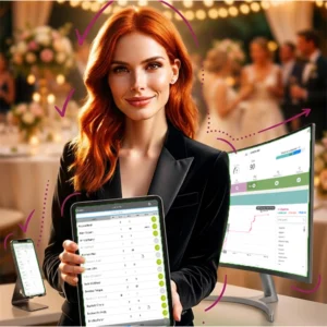e-GuestList v3 web check-ins shown on phone, tablet, and desktop at an event reception.